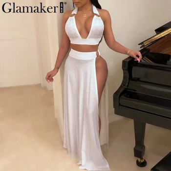 Pearl split backless sexy maxi dress Women two-piece suit deep v 